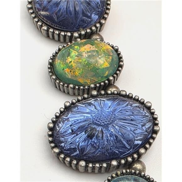 Blue Green Glass Bead Link Necklace Silver Tone Floral Molded 20" Adj Vintage - Picture 3 of 10